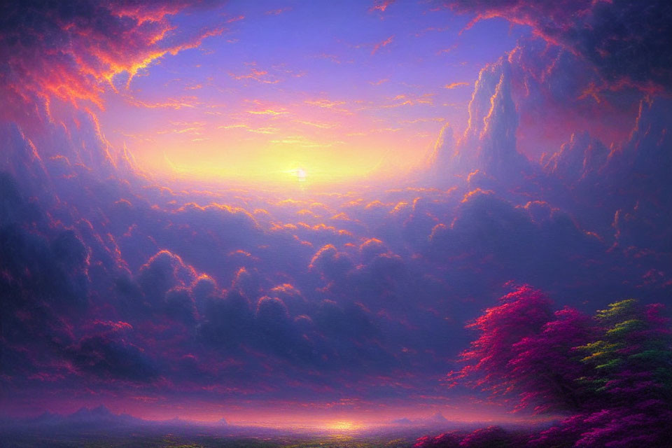 Vibrant purple and pink sunrise over calm sea and clouds with foliage silhouette