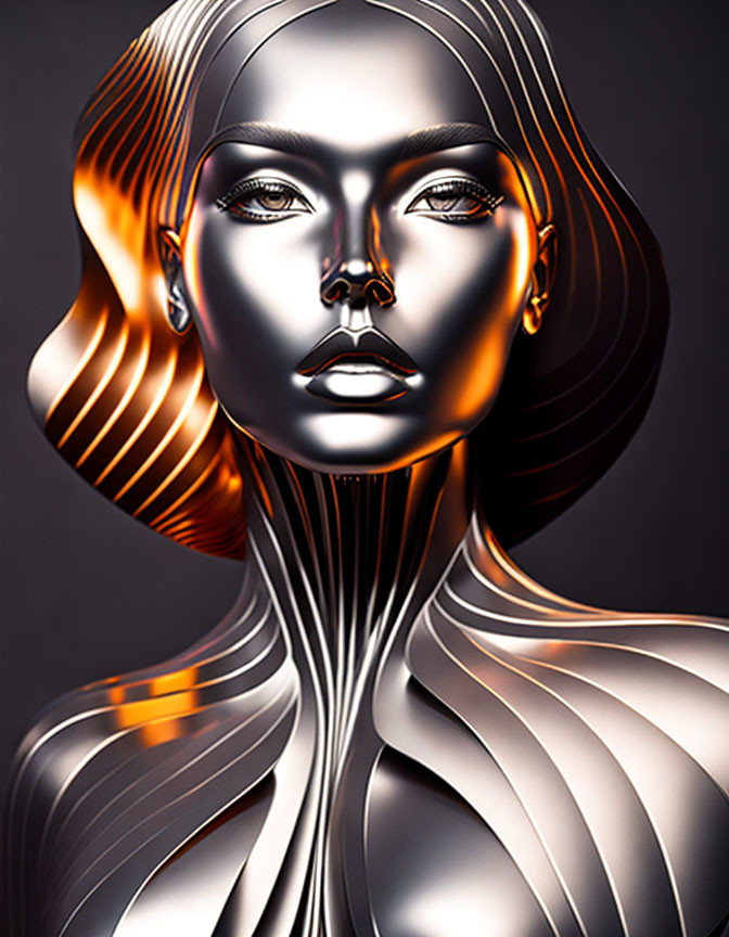 Digital artwork of metallic woman with fluid lines and contrasting shades