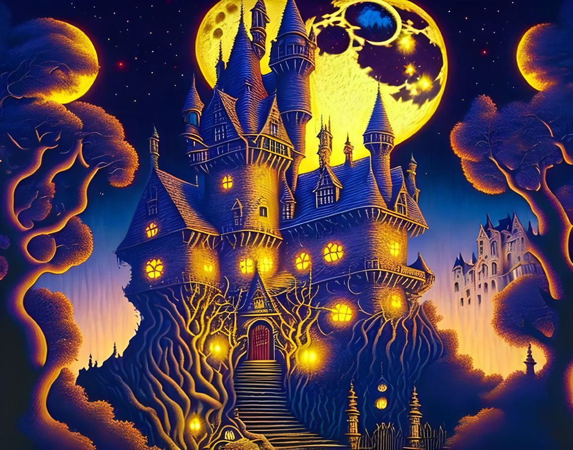 Enchanting castle with spires under full moon and fantastical trees