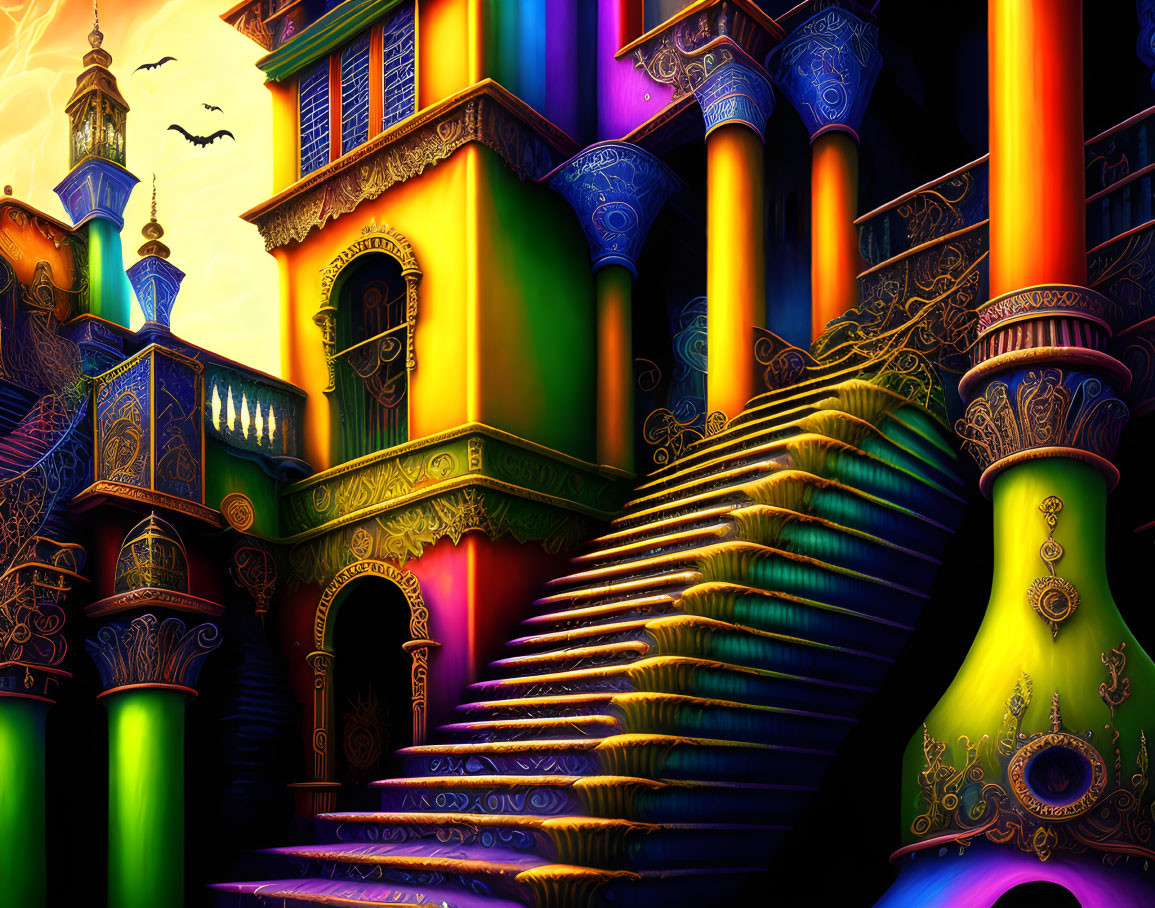 Colorful whimsical building with ornate pillars and glowing staircase under twilight sky