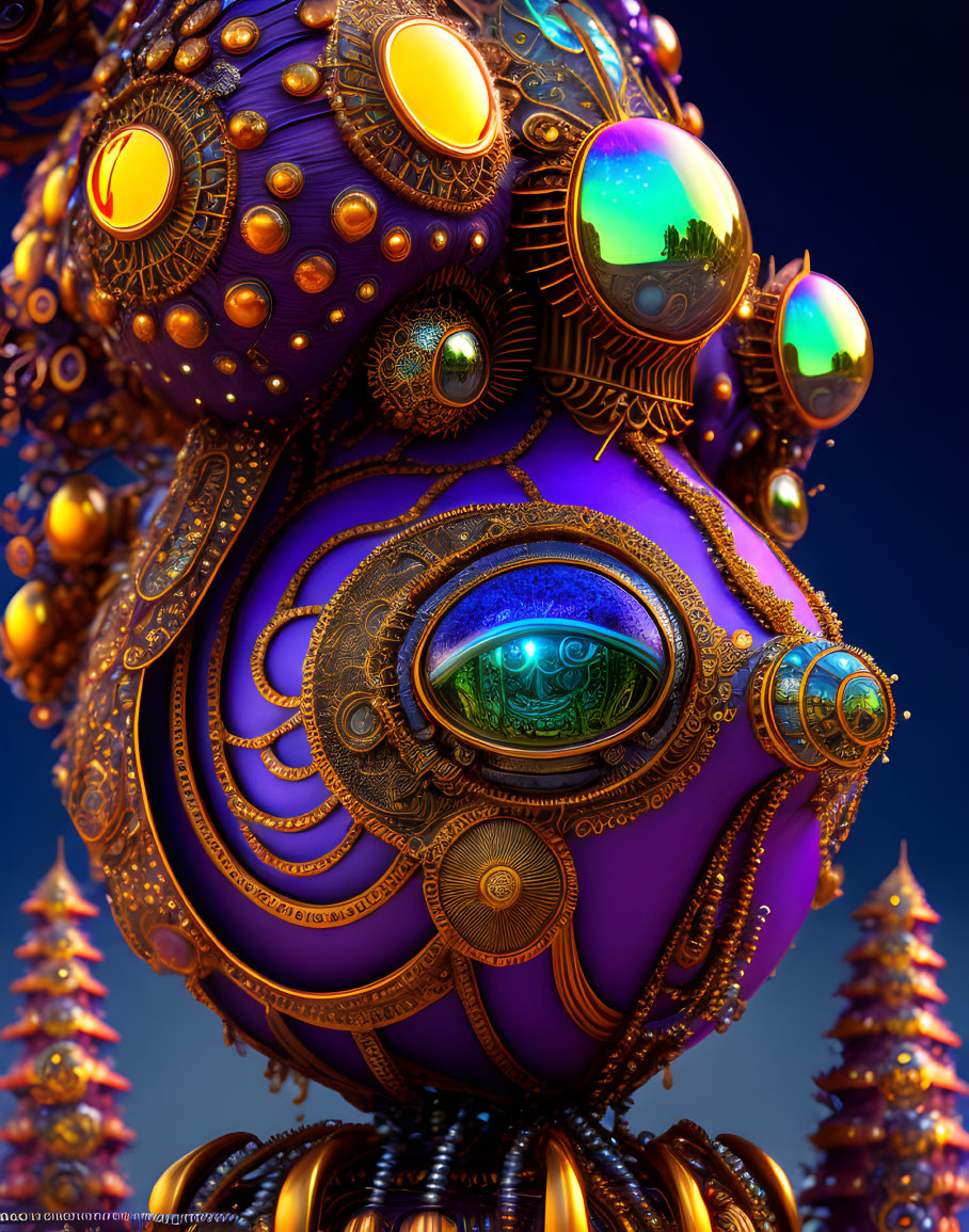 Colorful Fractal Image with Ornate Golden Patterns on Spheres