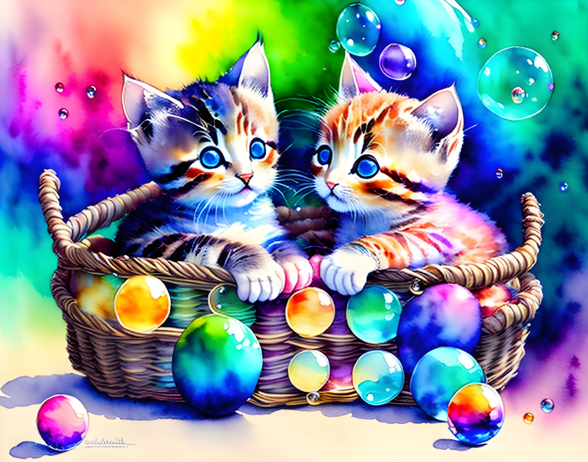 Colorful Kittens in Basket Surrounded by Bubbles on Watercolor Background