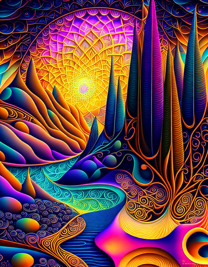 Colorful swirling patterns with radiant sun and flame-like elements.