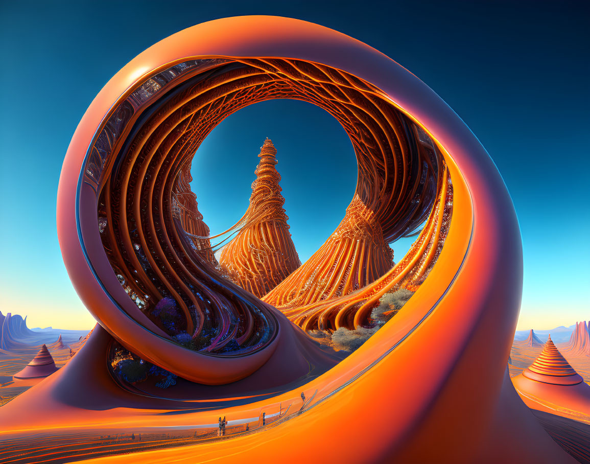 Orange Twisted Structures and Spiral Tower in Surreal Landscape