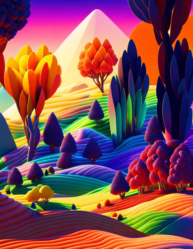 Colorful Landscape with Stylized Trees, Hills, and Mountain at Sunset