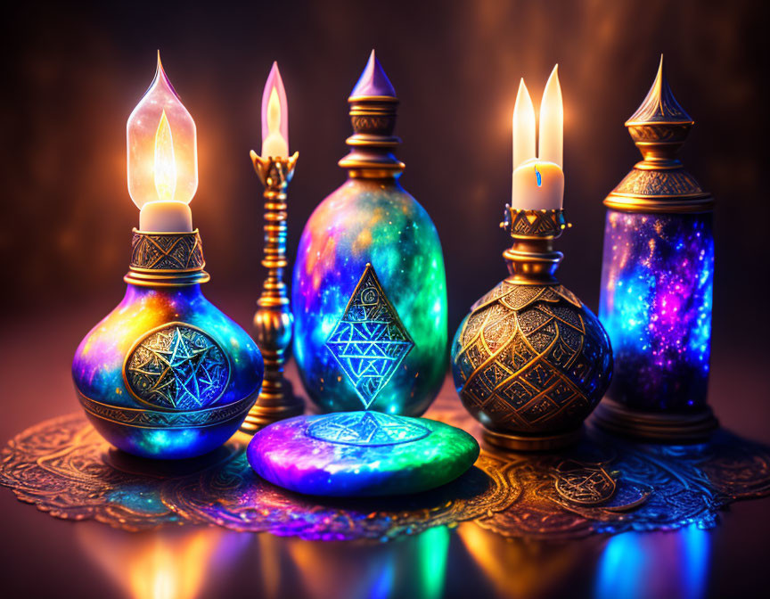 Mystical bottles with glowing contents and lit candles on intricate patterns, warm ambient background