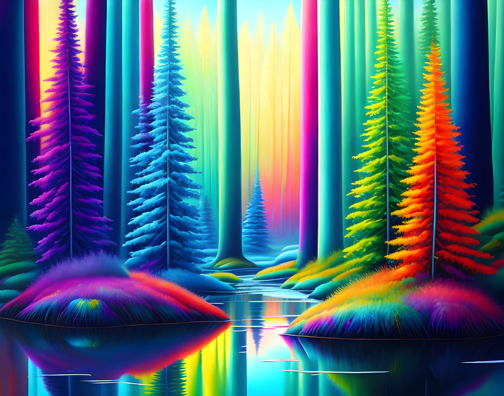 Neon-colored digital art forest with water reflection