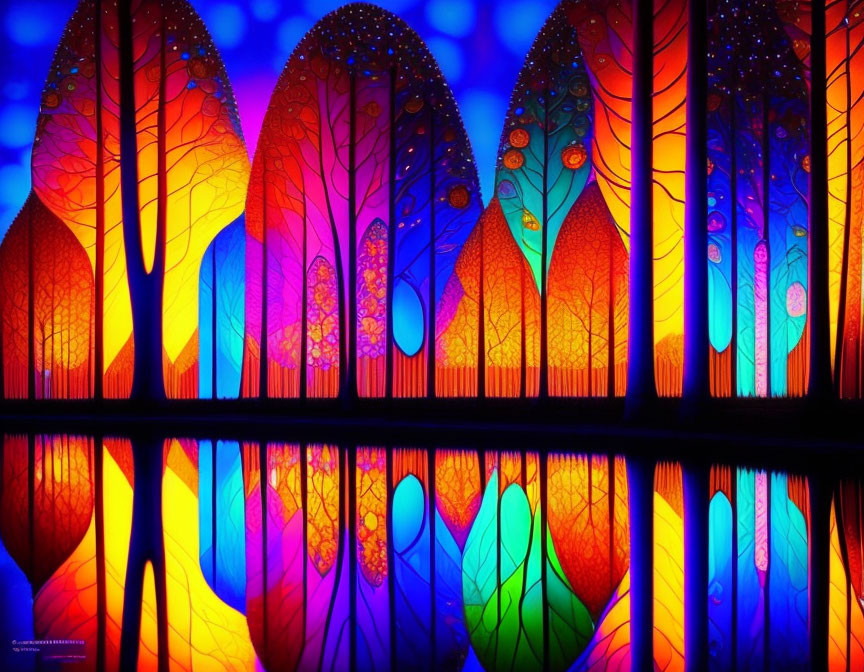 Vibrant tree patterns reflected on water surface