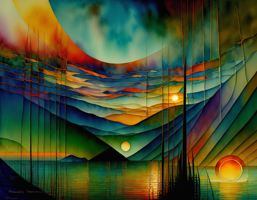 Vibrant abstract painting: wavy lines, water reflections, sun-like circles