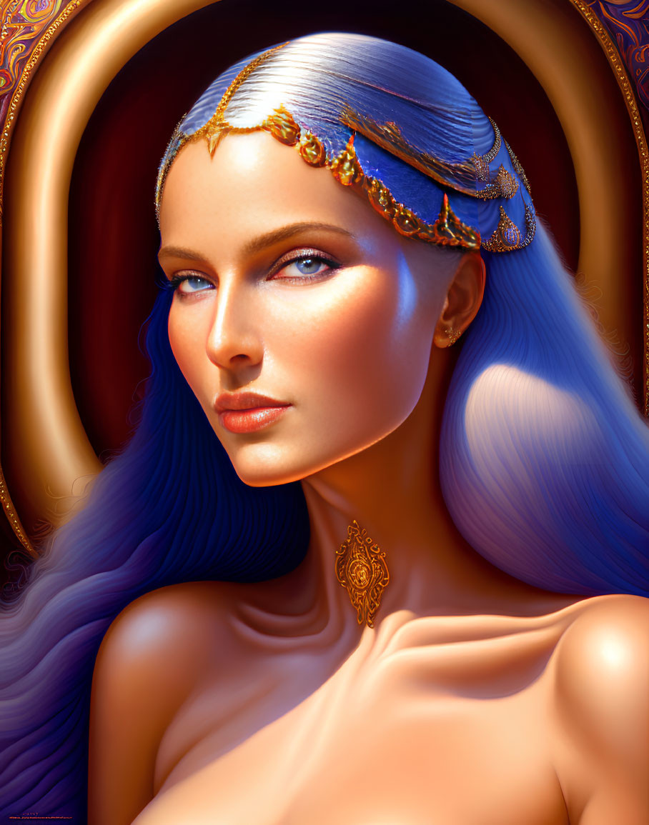 Stylized portrait of woman with blue hair and eyes, gold tiara, pendant, warm orn