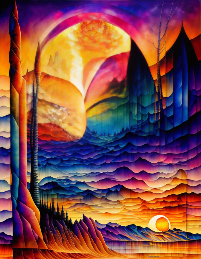 Colorful surreal landscape with sun and spires