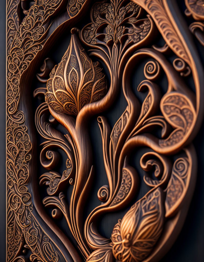 Symmetrical Floral Wooden Carving with Detailed Leaves and Swirls