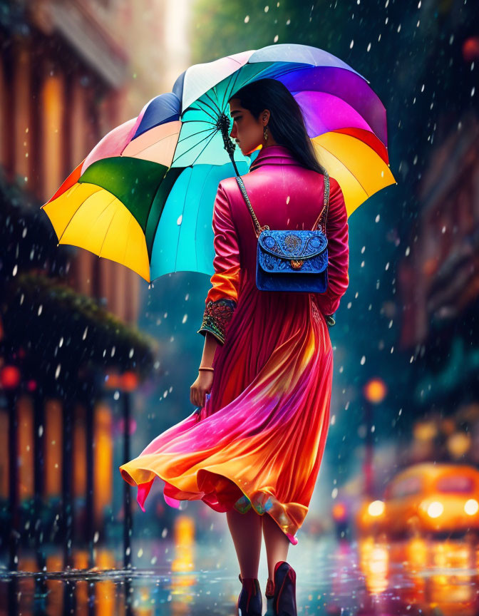 Woman in red dress with blue backpack walks in rain with colorful umbrella