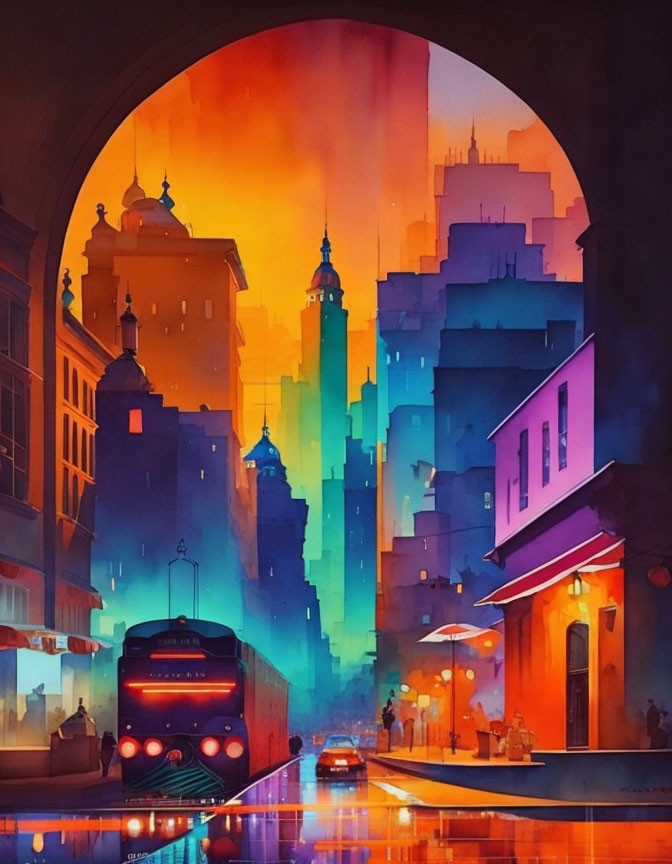 Cityscape at Dusk: Vibrant Colors, Archway View, Train, Silhouetted