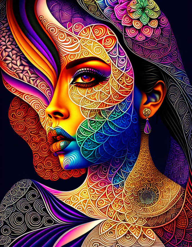 Vibrant digital artwork: Woman with colorful patterns on face