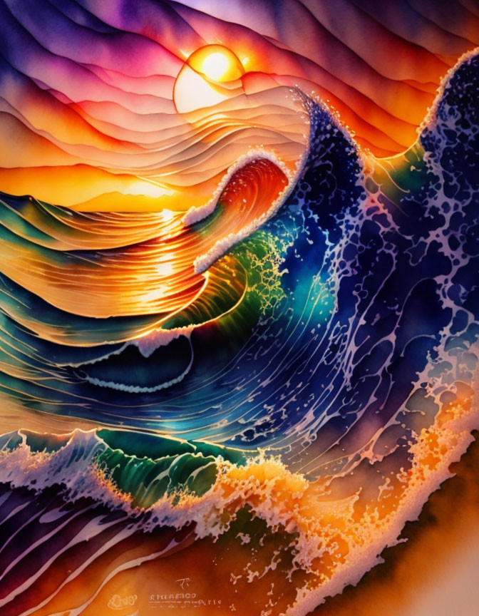 Colorful painting of waves with sun over horizon blending blues, purples, and oranges.