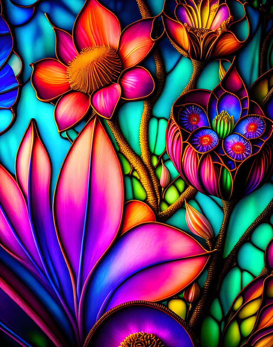 Colorful Stylized Floral Artwork with Neon Outlines & Intricate Patterns