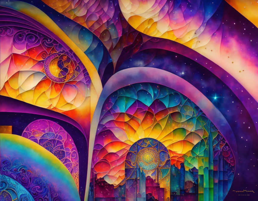 Colorful surreal artwork: Cosmic arches with intricate patterns