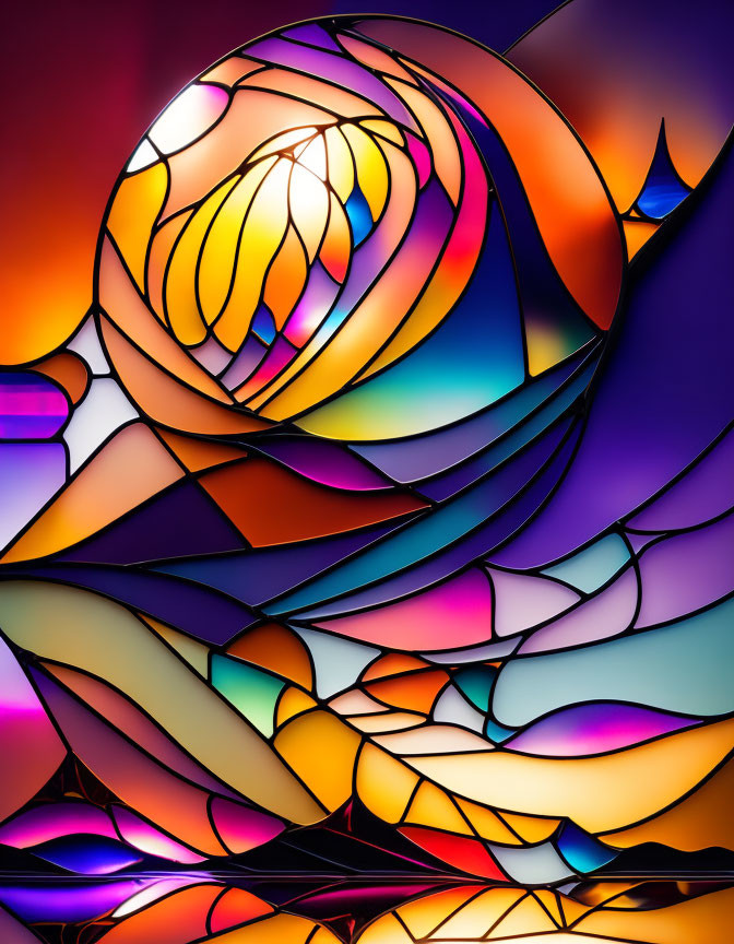 Vibrant abstract stained glass art in warm hues and swirling patterns