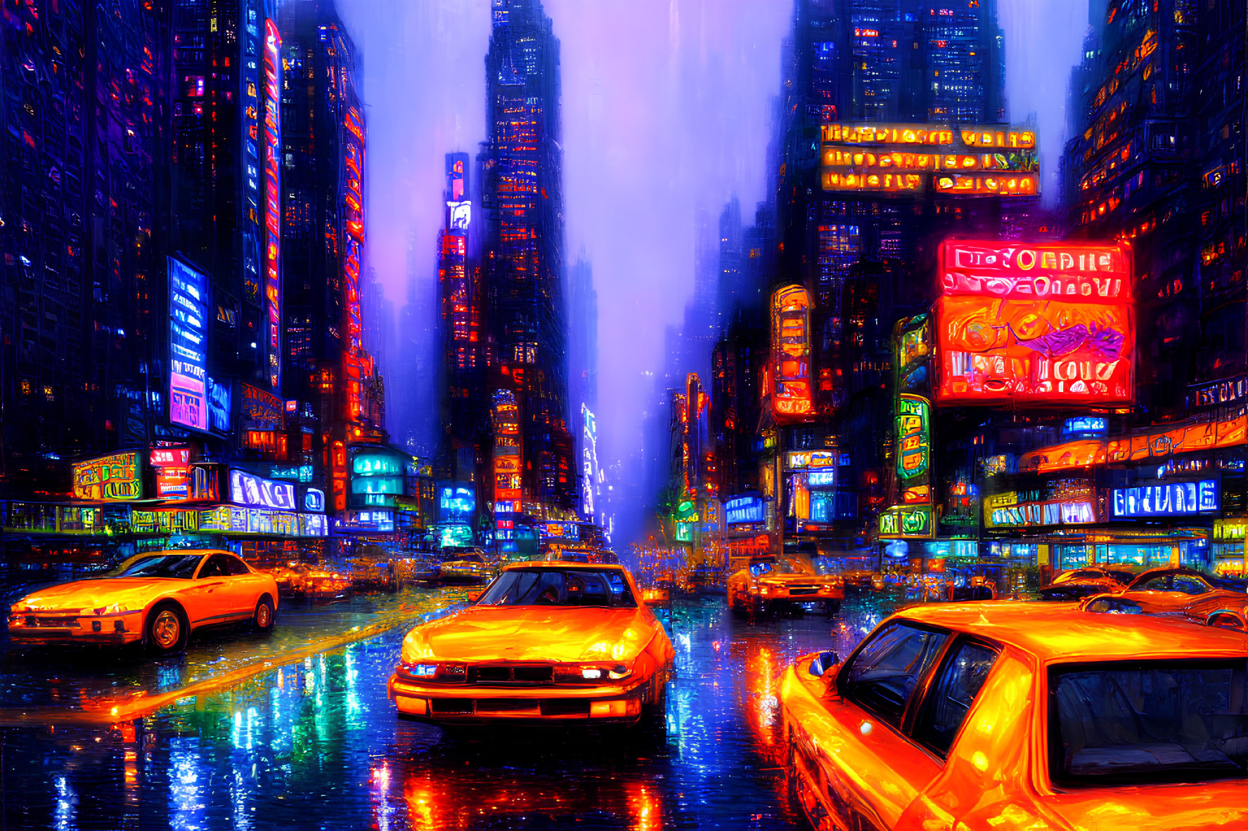 Neon-lit city at night with wet streets and yellow cabs.