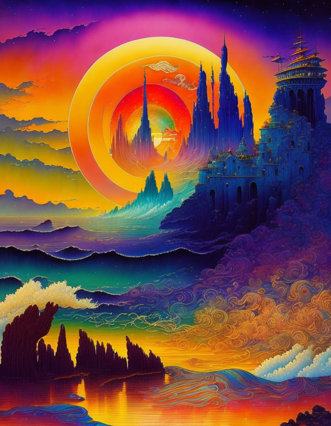 Colorful Fantasy Landscape with Castles, Trees, Ocean Waves, and Setting Sun