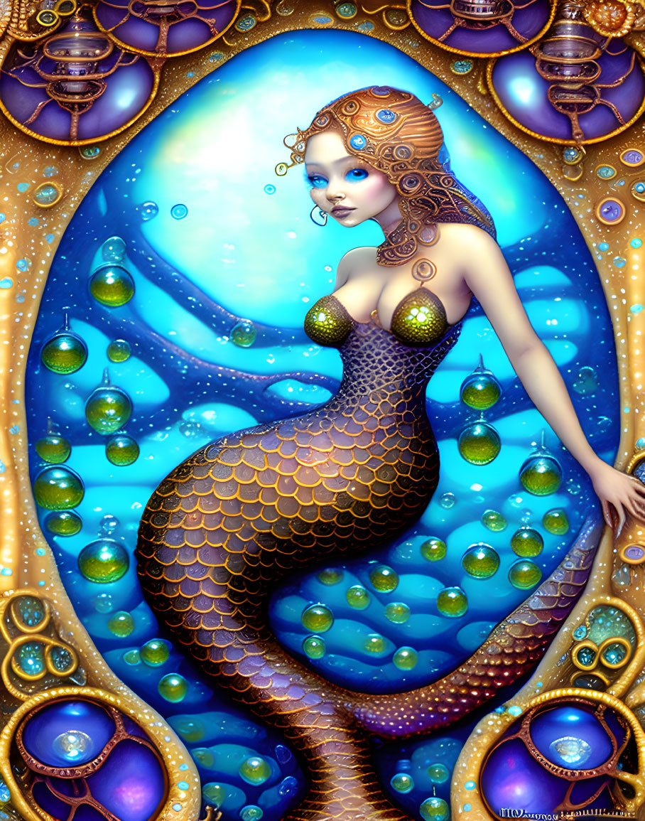 Mermaid illustration with golden scales and blue bubbles