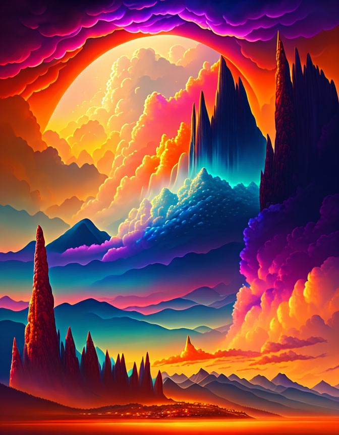 Colorful surreal mountain landscape under dramatic sky