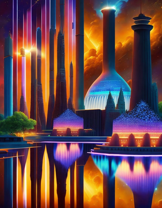 Luminous futuristic cityscape with waterfalls and reflections at twilight