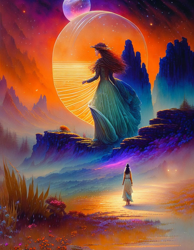 Woman walking towards transparent giant silhouette in vibrant purple mountains.