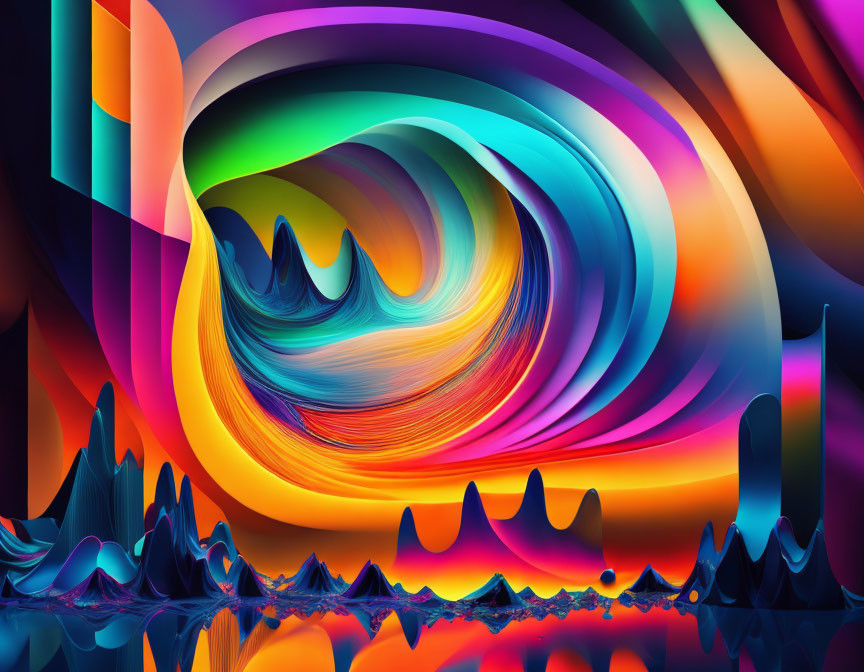 Colorful Swirls Tunnel with Reflective Water Surface