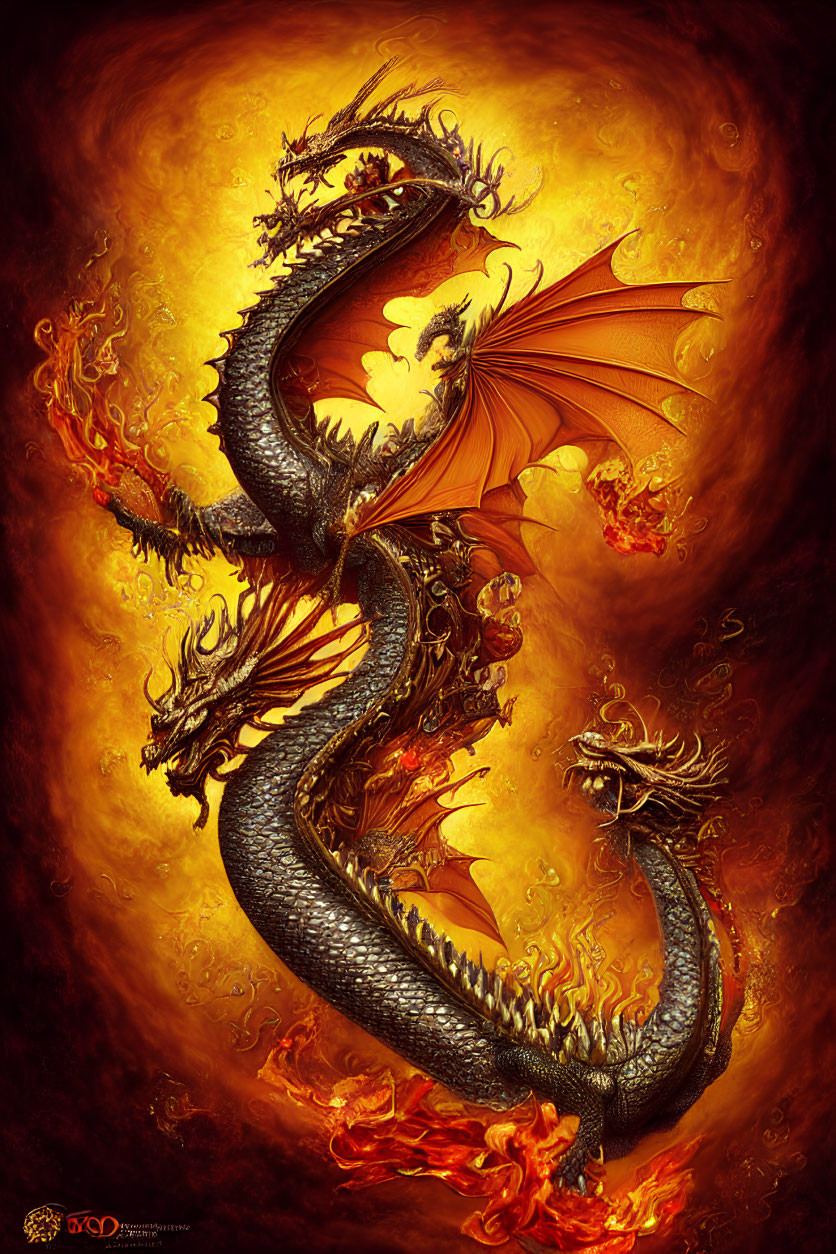 Majestic golden dragon with flaming wings in fiery backdrop