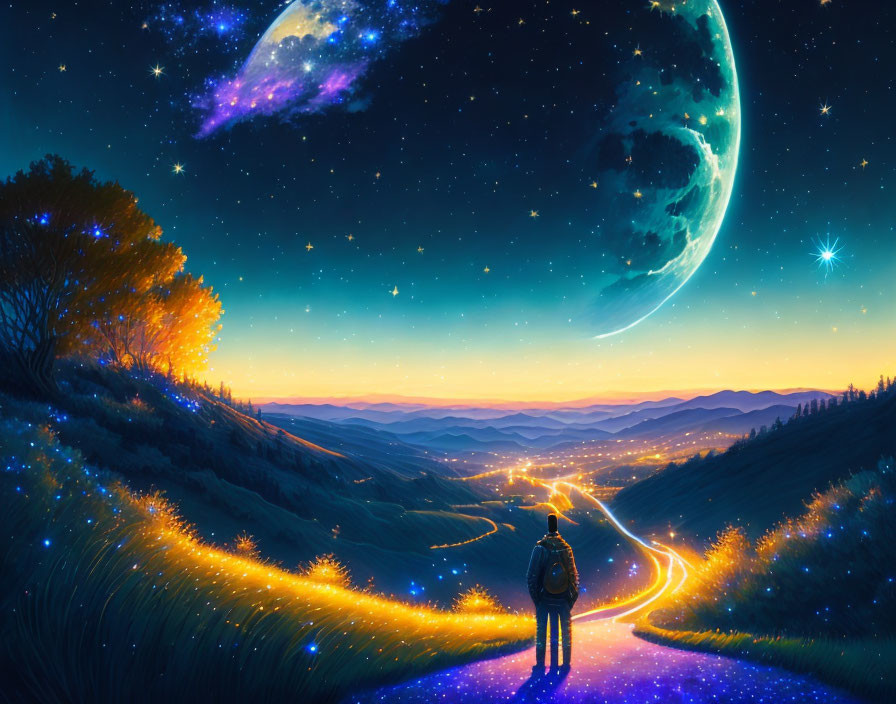 Person on Vibrant Path Under Starry Night Sky with Moon and Galaxy