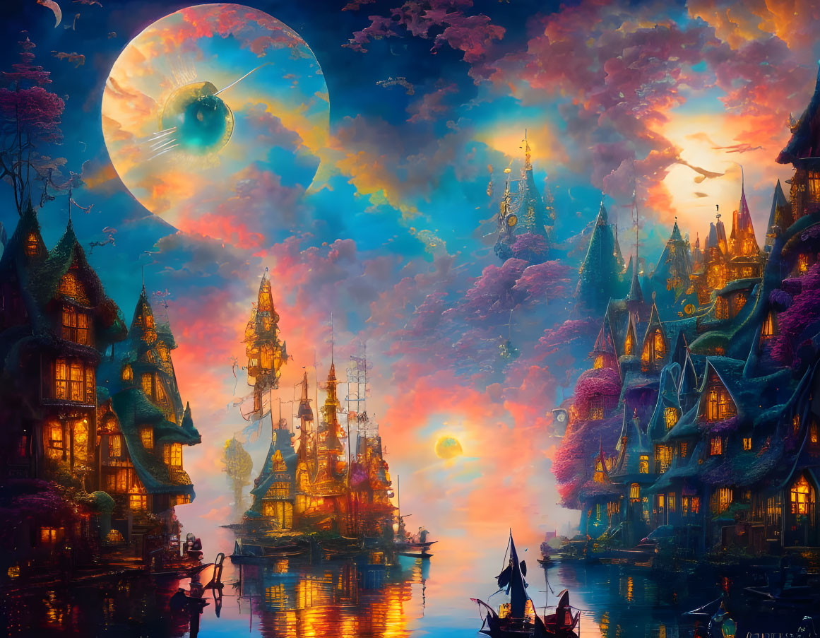 Colorful Fantasy Landscape with Moon, Illuminated Buildings, River, and Boats