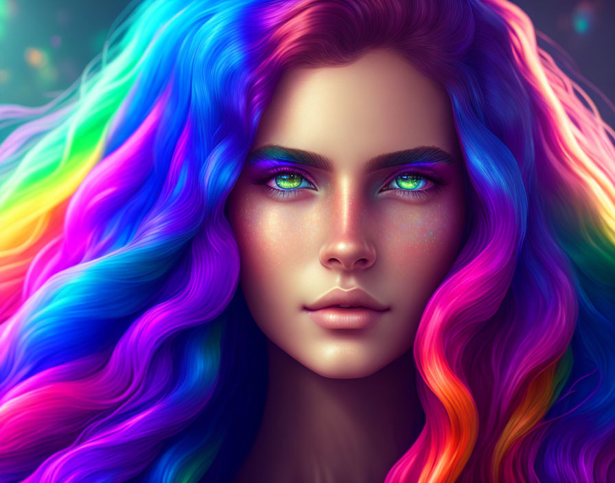 Colorful digital portrait of woman with rainbow hair and green eyes against bokeh background