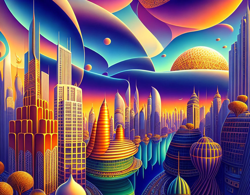 Futuristic cityscape with towering spires and rivers under multi-planetary sky