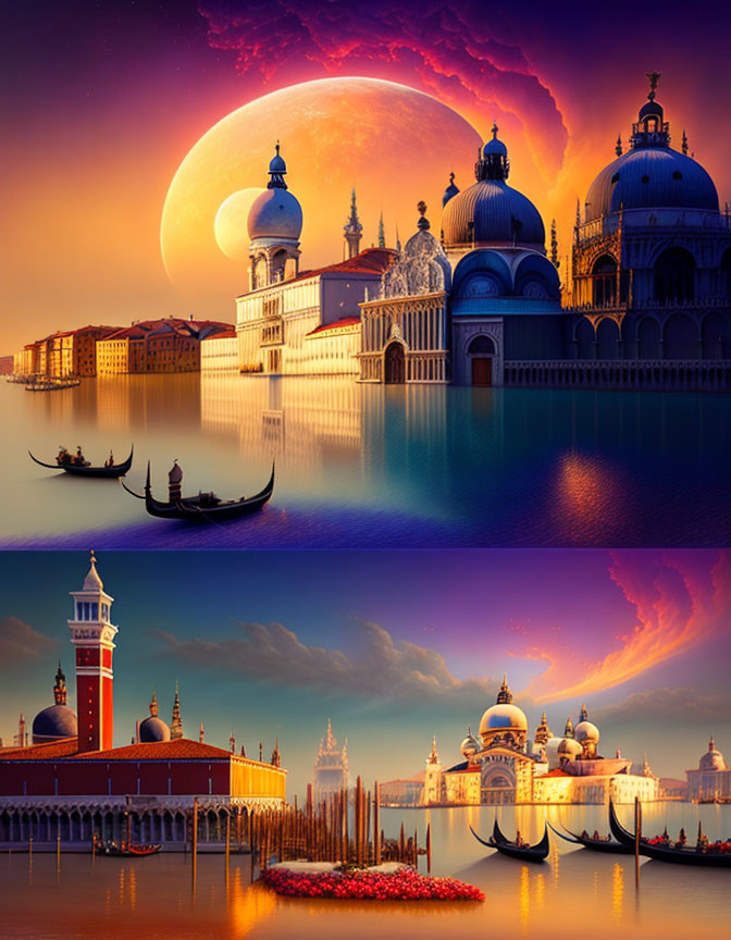 Fantastical Venice scene with oversized moons and dramatic skies