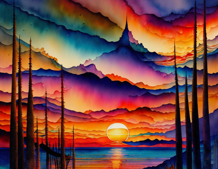 Colorful Watercolor Painting: Sunset, Pine Tree Silhouettes, Multicolored Hills, Reflection