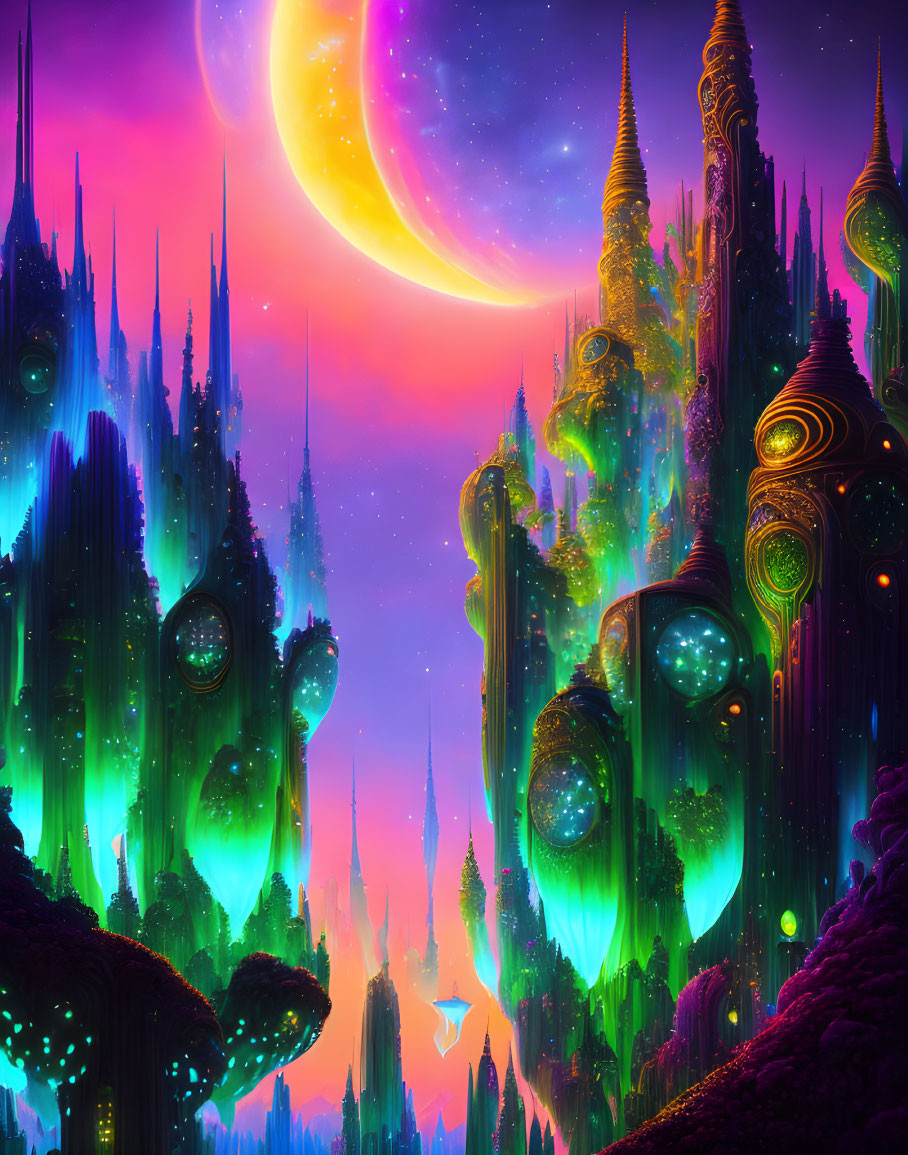 Alien landscape with towering structures under dual-colored moon