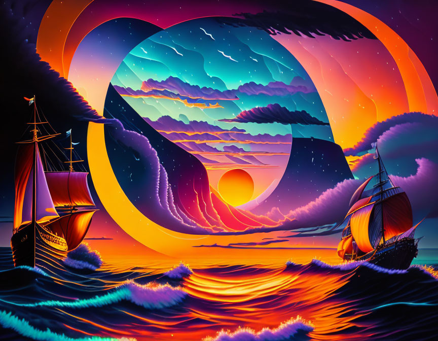 Surreal seascape: sailing ships, crescent moon, vibrant sunset