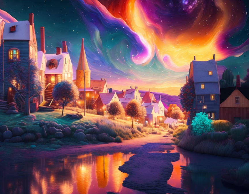 Fantasy village at twilight with vibrant skies and cozy cottages