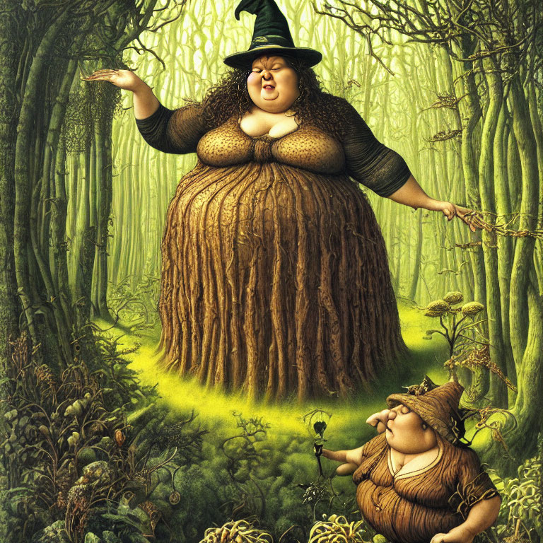 Illustration of Large Woman and Small Figure in Tree-Like Dresses in Forest