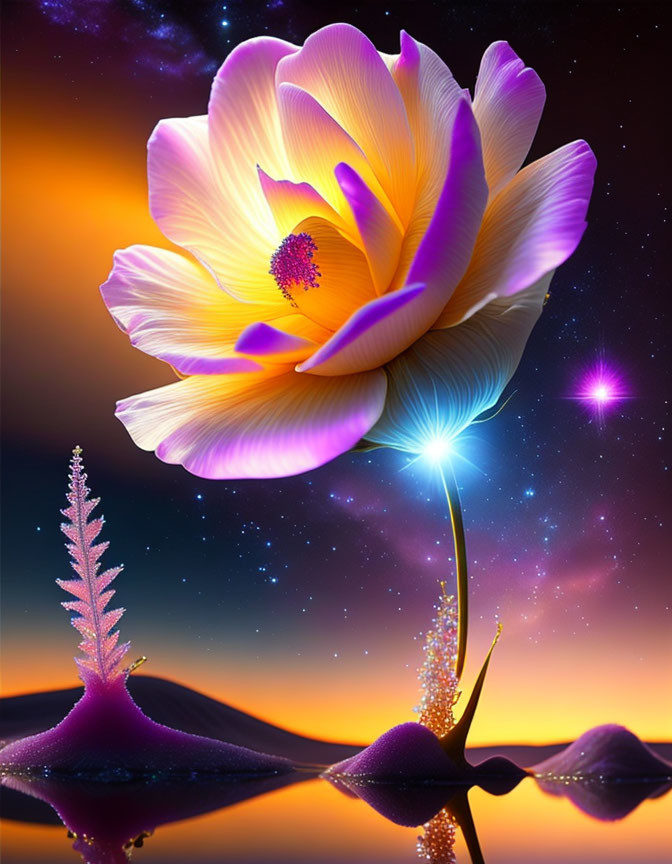 Digitally-enhanced glowing flower in starry night sky with colorful sunset gradient reflected on water surface