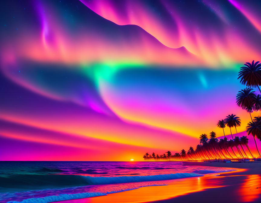 Tropical beach sunset with palm tree silhouettes and colorful aurora lights