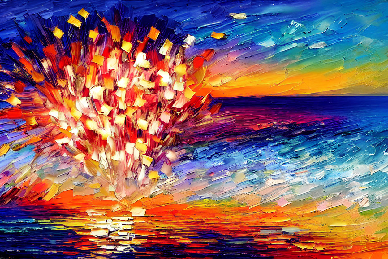 Colorful Abstract Painting: Warm Burst Over Blue Seascape