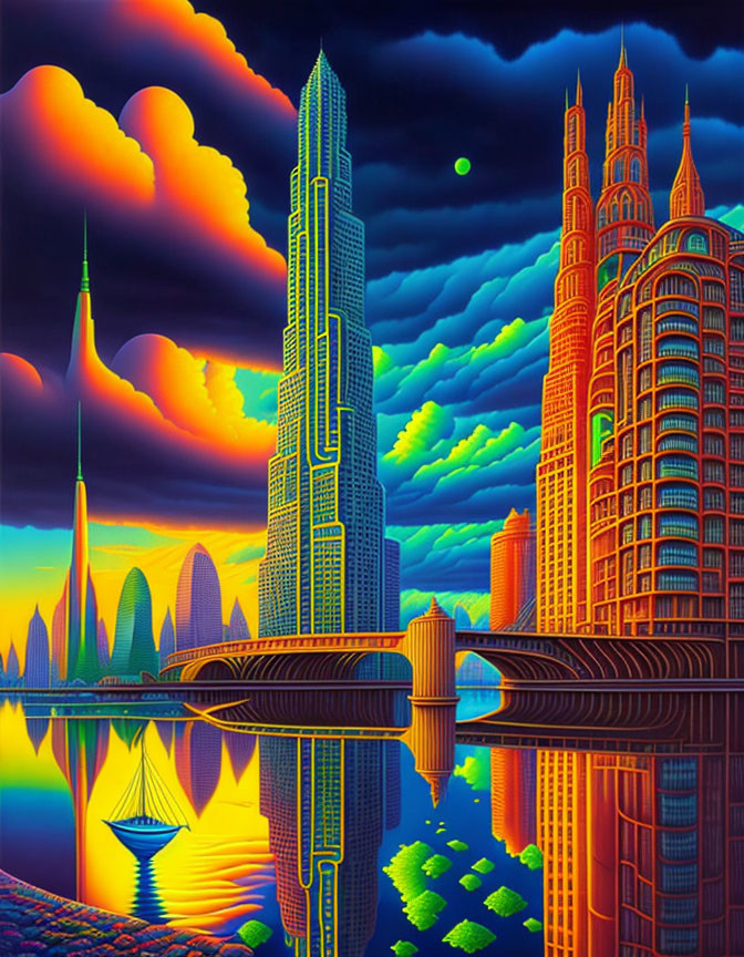 Futuristic cityscape at sunset with neon colors, skyscrapers, and fluffy clouds