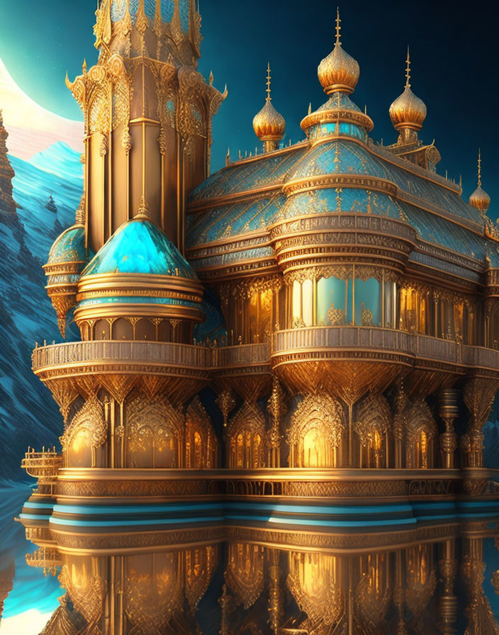 Golden palace with turquoise domes under moonlit sky