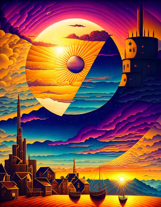 Colorful Pac-Man-like figure eating landscape with castle, city, ocean, and sun in mouth against