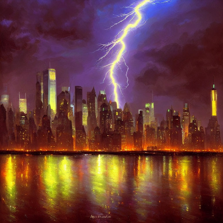 City skyline at night reflecting on water under stormy sky with lightning bolt