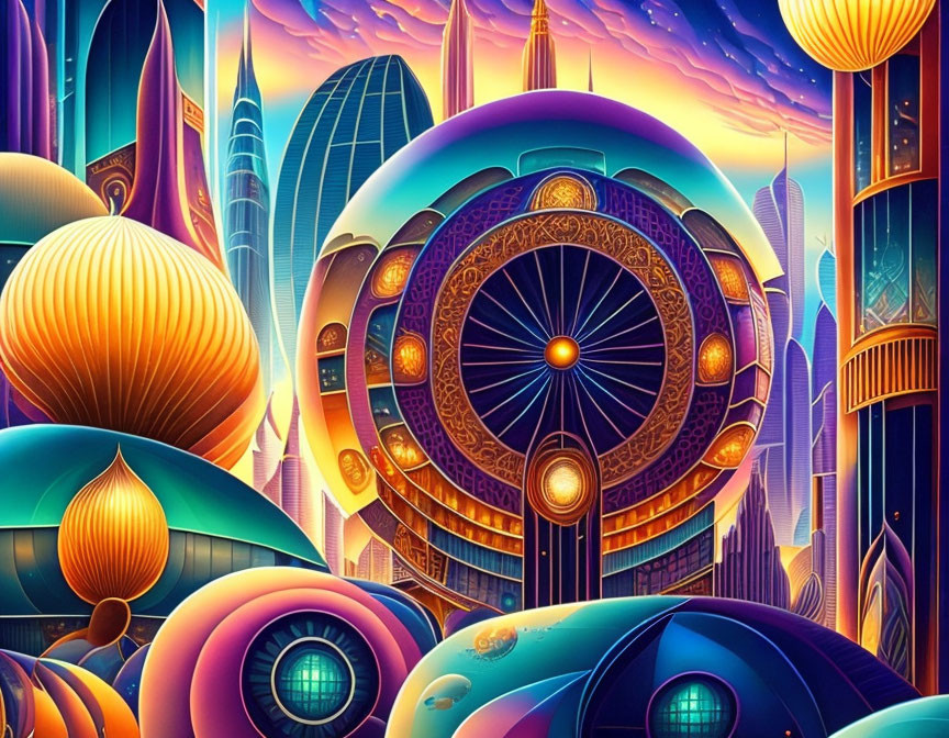 Futuristic cityscape with rounded buildings and glowing Ferris wheel at sunset