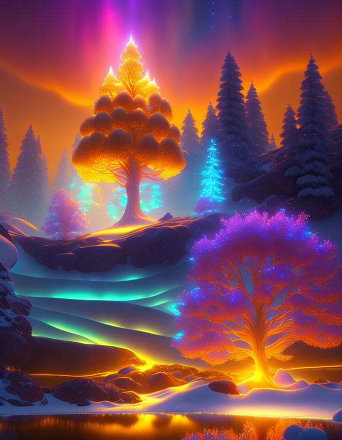 Fantasy landscape with neon-lit trees, glowing river, and starry sky